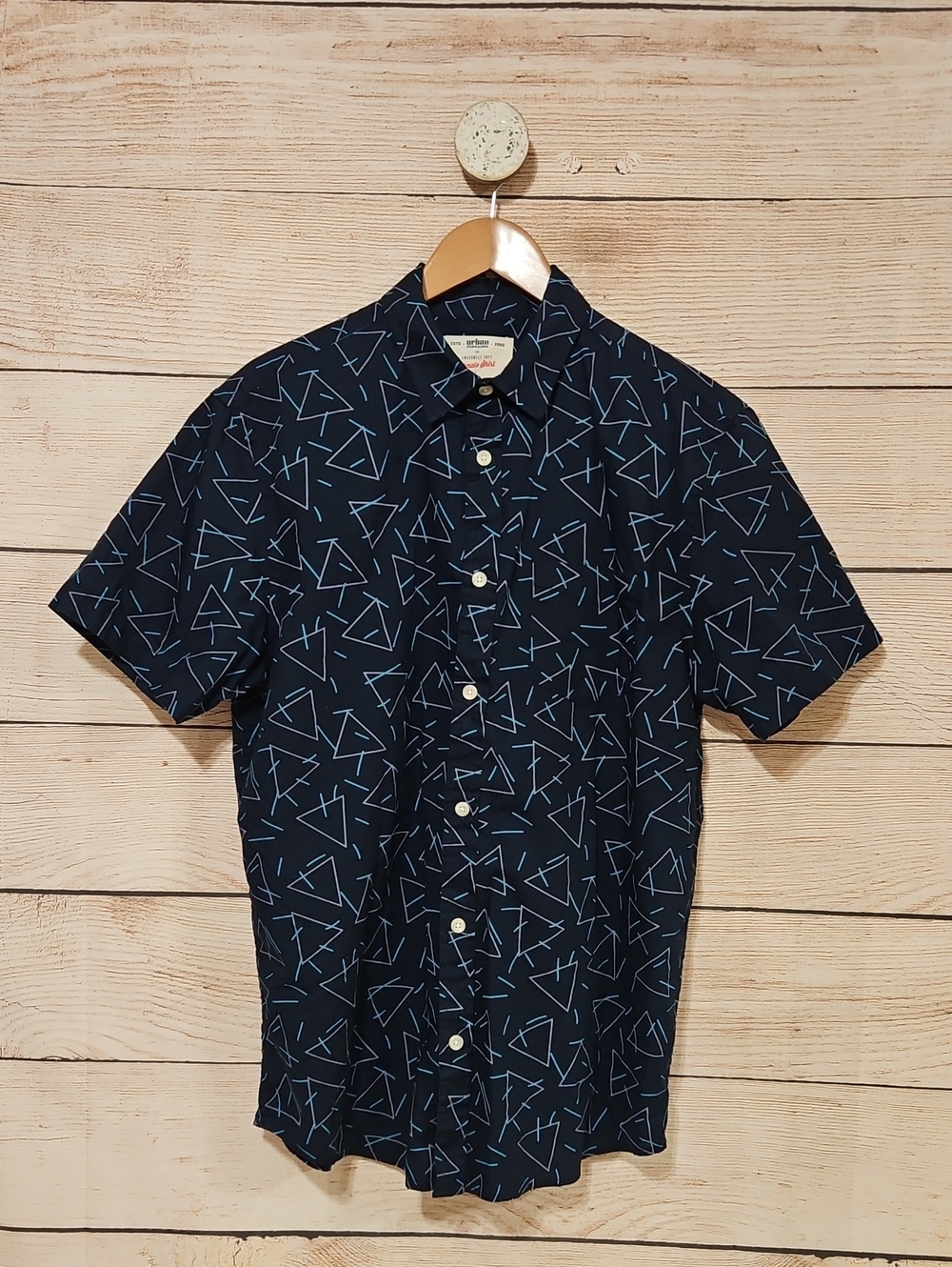 Urban Outfitters Navy Short-Sleeve Shirt with Light Blue Geometric Print Large